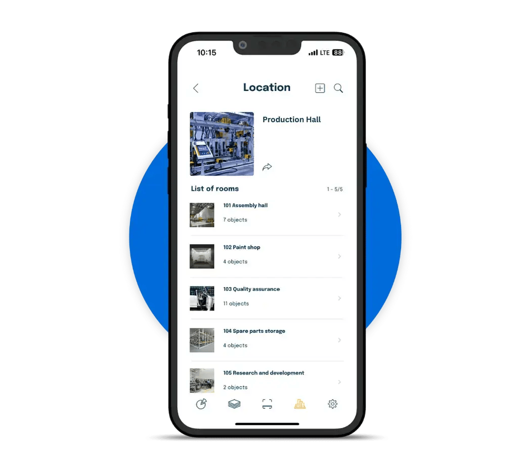 Overview of a production hall in the seventhings app